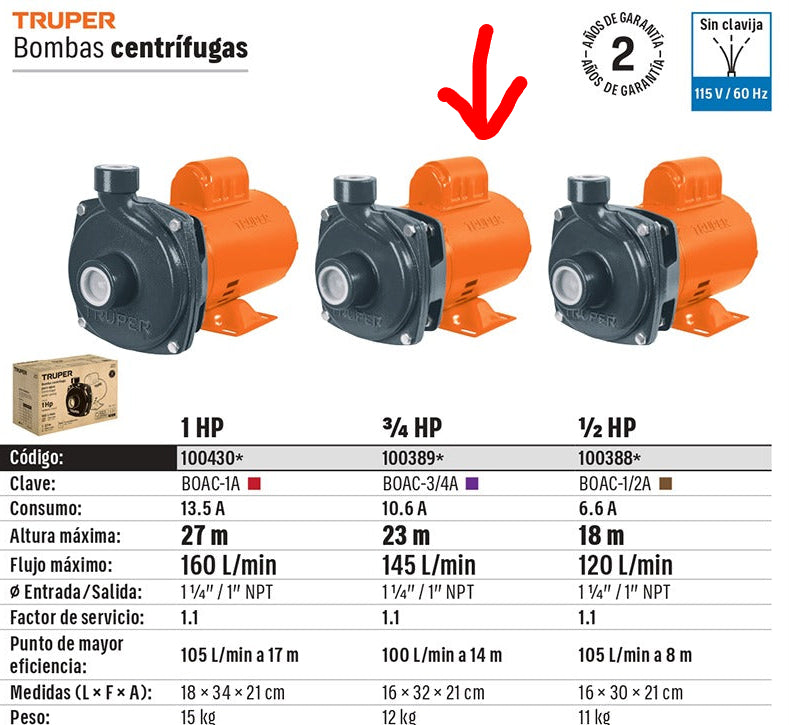 BOMBA PARA AGUA 3/4-HP TRUPER CENTRIFUGA BOAC-3/4A