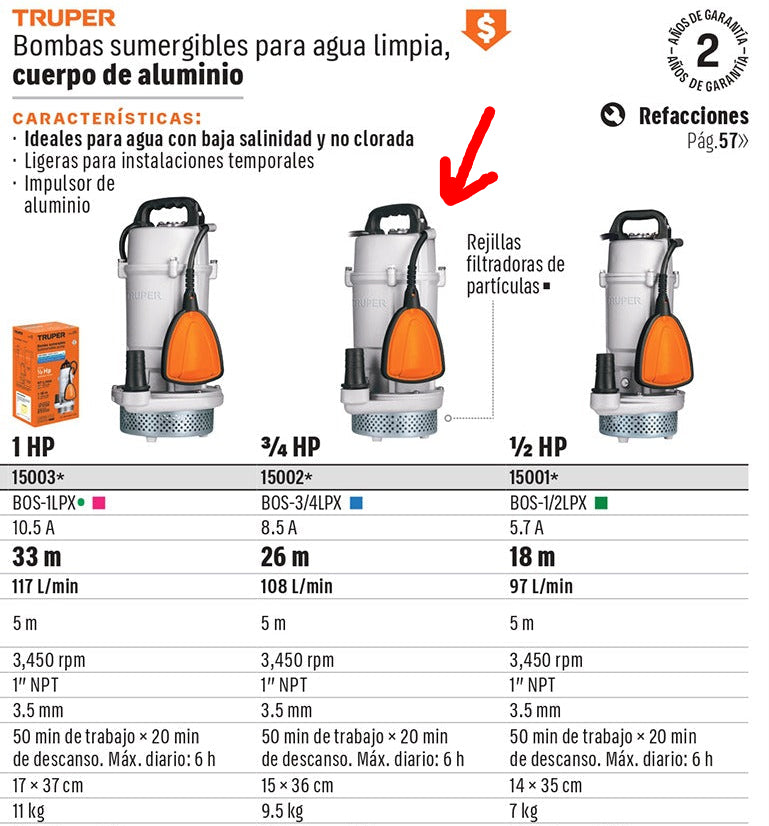 BOMBA PARA AGUA LIMPIA 3/4-HP SUMERGIBLE USO RUDO TRUPER