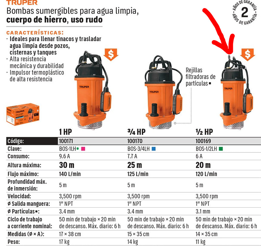 BOMBA PARA AGUA 1/2-HP TRUPER SUMERGIBLE