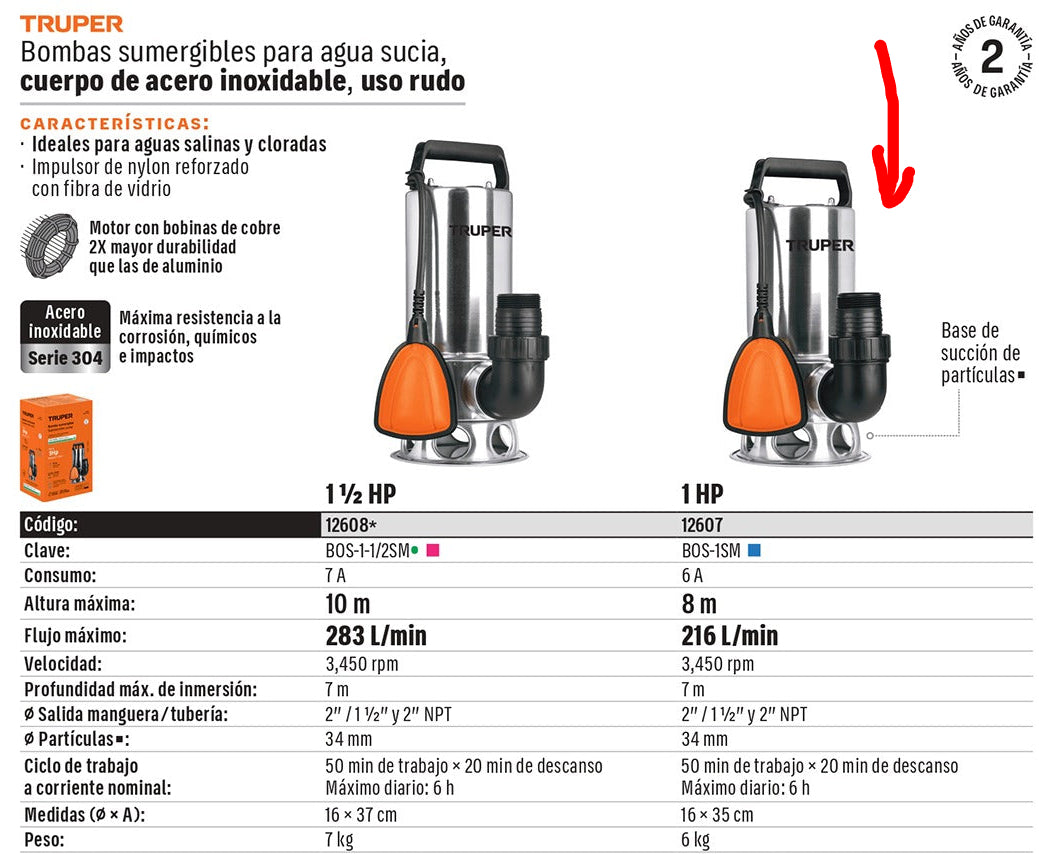 BOMBA PARA AGUA SUCIA 1-HP SUMERGIBLE USO RUDO BOS-1SM TRUPER