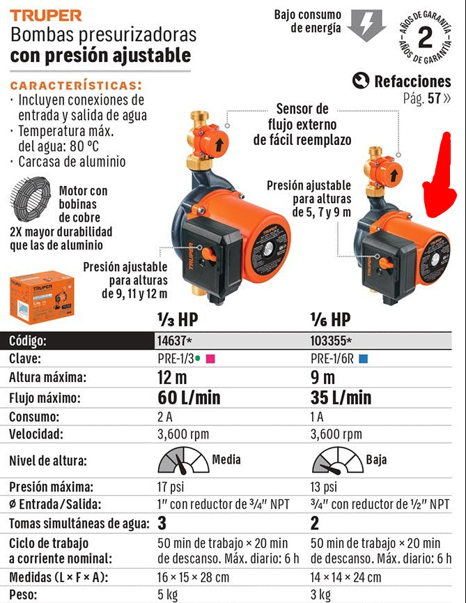 BOMBA PARA AGUA 1/6-HP TRUPER CON PRESURIZADOR CON SENSOR