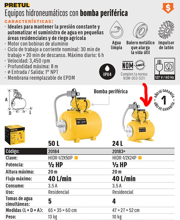 BOMBA PARA AGUA 1/2-HP PRETUL HIDRO HIDR-1/2X24P