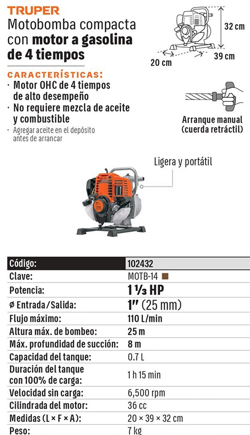 MOTOBOMBA 1 DE SALIDA TRUPER 1-1/3HP MOTB-14