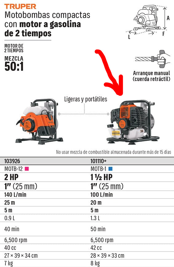 MOTOBOMBA 1 DE SALIDA TRUPER 1-1/2HP MOTB-1