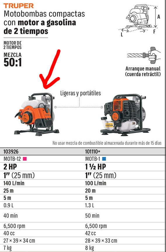 MOTOBOMBA 1 DE SALIDA TRUPER 2HP MOTB-12
