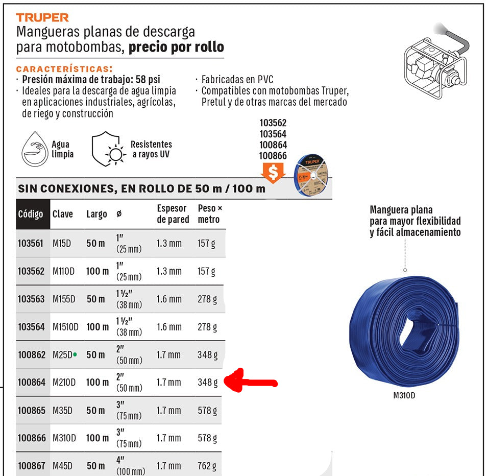 MANGUERA AZUL PARA DESCARGAR MOTOBOMBA 2" 100M M210D TRUPER