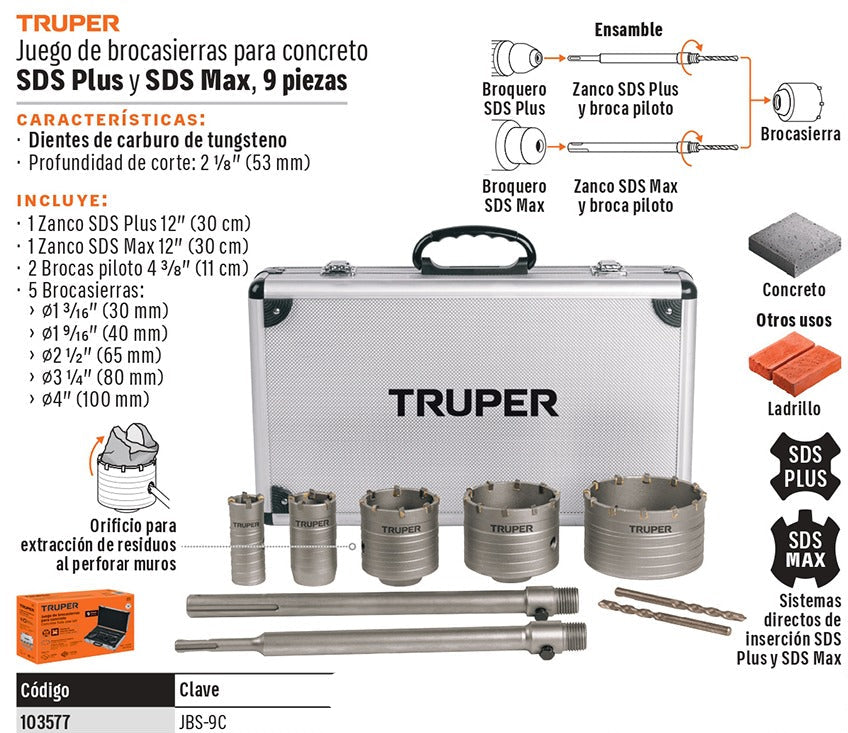 BROCAS TIPO COPA PARA CONCRETO SDS PLUS Y MAX 9-PCS TRUPER JBS-9C
