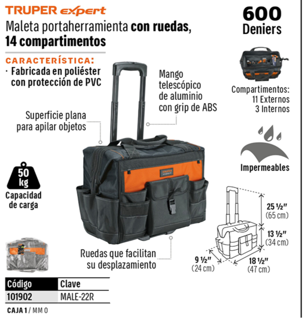 CAJA PORTA HERRAMIENTAS CON RUEDAS TRUPER EXPERT MALE-22R