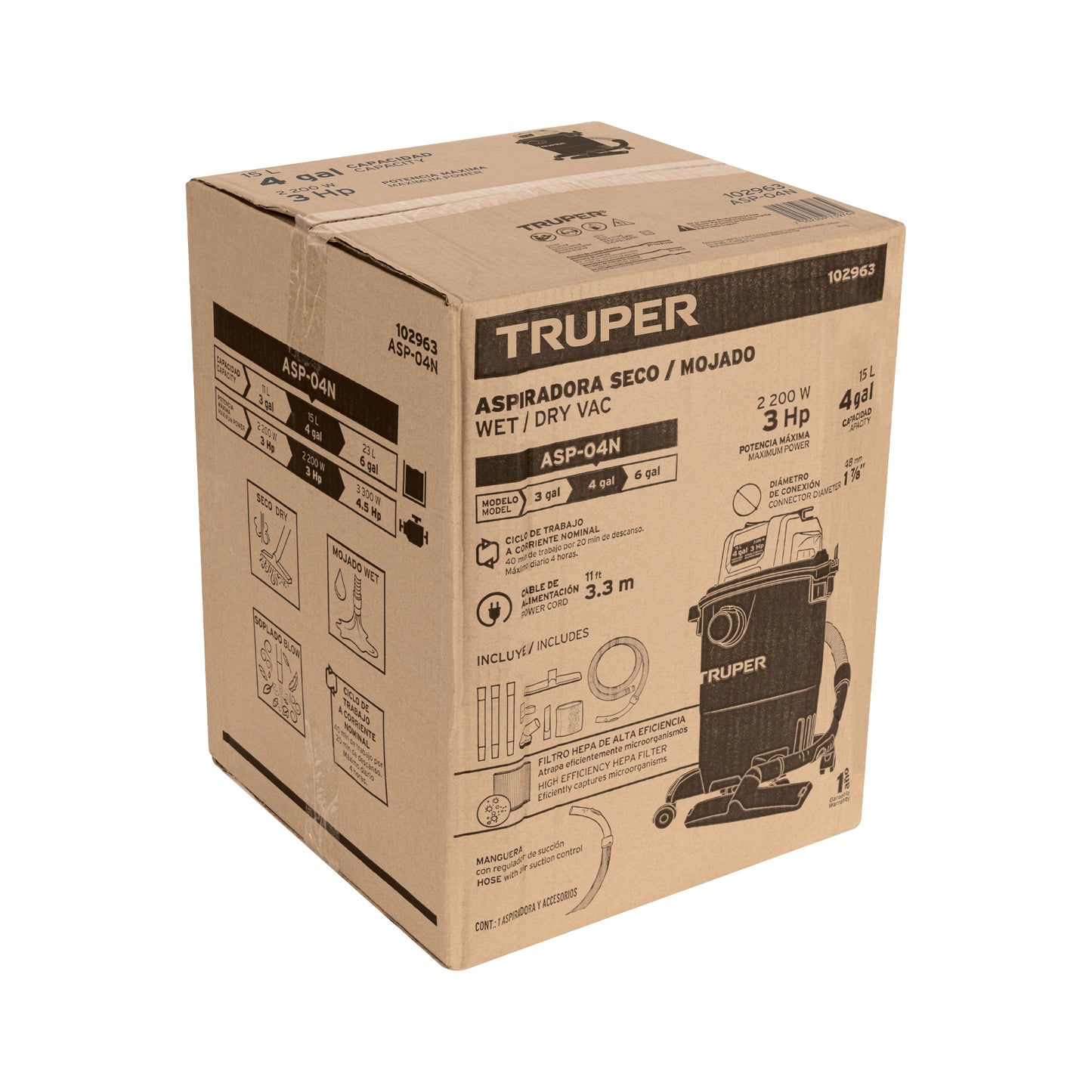 ASPIRADORA TRUPER 4-GLN 3HP FILTRO HEPA ASP-04N