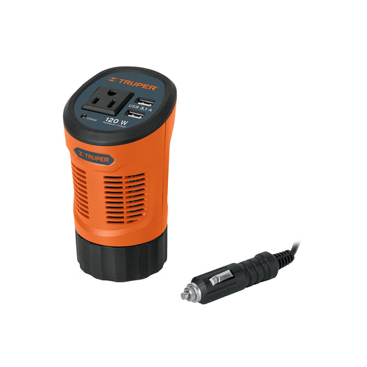 INVERSOR DE CORRIENTE TIPO VASO 120W CON PUERTO USB TRUPER
