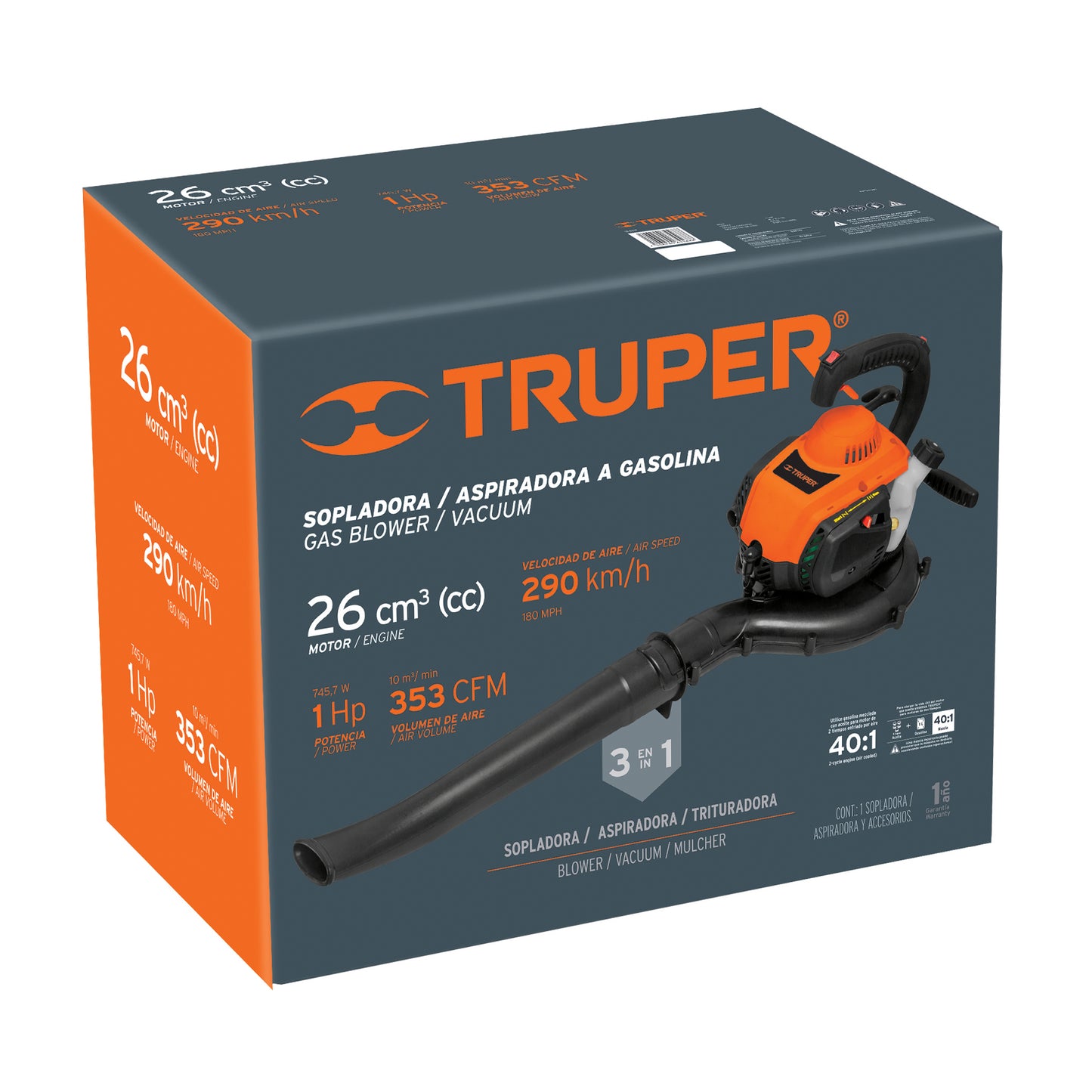 SOPLADORA Y ASPIRADORA GASOLINA MOTOR 26CC 1HP TRUPER