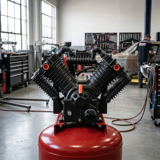 Industrial V-twin air compressor pump head — Estilo de Vida - Producto en Uso | Generated by Modelize