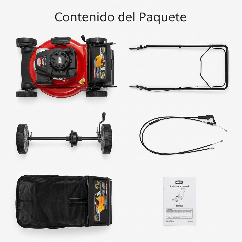 Gas-powered walk-behind lawn mower — Contenido del Paquete - Vista Aerea | Generated by Modelize