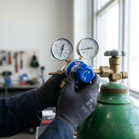 Industrial dual-gauge oxygen regulator — Estilo de Vida - Producto en Uso | Generated by Modelize