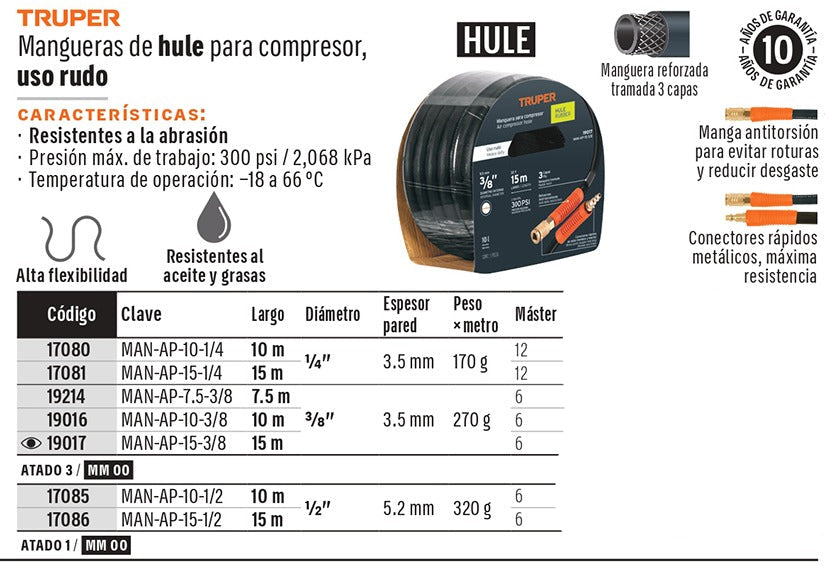 MANGUERA PARA COMPRESOR TRUPER DE USO RUDO HASTA 300PSI