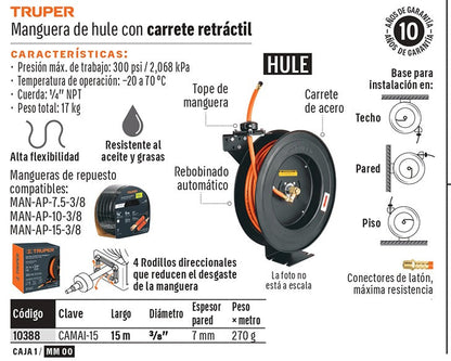 MANGUERA PARA COMPRESOR 300PSI 3/8X15MTS CON CARRETE TRUPER