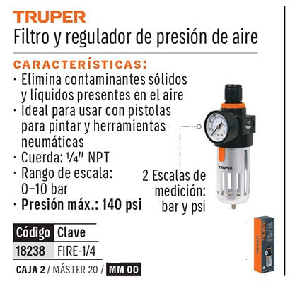 FILTRO REGULADOR DE AIRE 1/4 NPT TRUPER FIRE-1/4