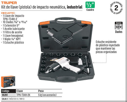 LLAVE DE IMPACTO NEUMATICO 1/2 TRUPER CON MALETIN