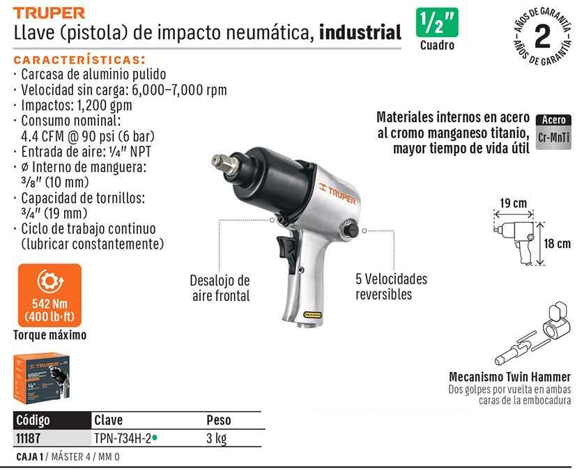 LLAVE DE IMPACTO NEUMATICO 1/2 TRUPER INDUSTRIAL