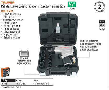 LLAVE DE IMPACTO NEUMATICO 1/2 TRUPER CON MALETIN