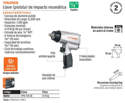 LLAVE DE IMPACTO NEUMATICO 1/2 TRUPER TPN-731-EX
