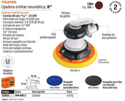 LIJADORA NEUMATICA TRUPER INDUSTRIAL 6" TPN-861-2 ROTO ORBITAL
