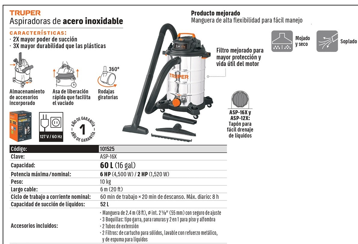 ASPIRADORA TRUPER 16-GLN 6HP ACERO INOXIDABLE ASP-16X