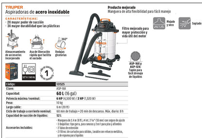ASPIRADORA TRUPER 16-GLN 6HP ACERO INOXIDABLE ASP-16X