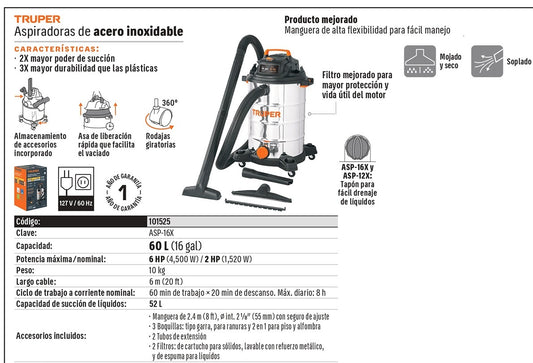 ASPIRADORA TRUPER 16-GLN 6HP ACERO INOXIDABLE ASP-16X