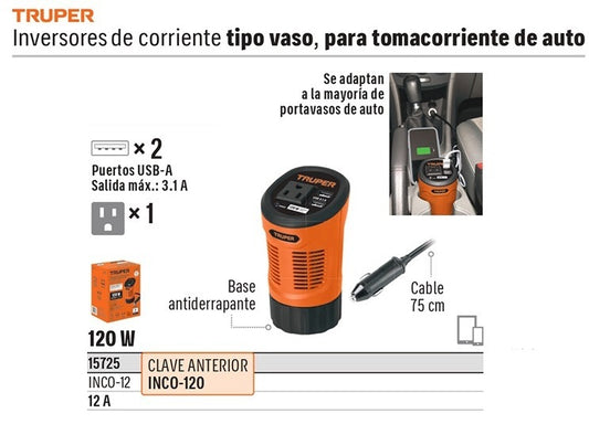 INVERSOR DE CORRIENTE TIPO VASO 120W CON PUERTO USB TRUPER