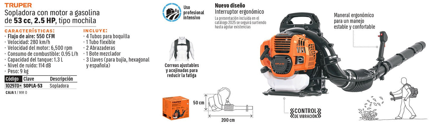 SOPLADORA GASOLINA MOTOR 53CC 1,900W 2.5HP TRUPER