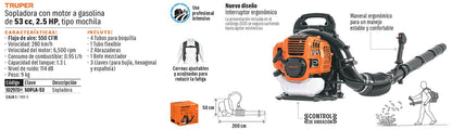 SOPLADORA GASOLINA MOTOR 53CC 1,900W 2.5HP TRUPER