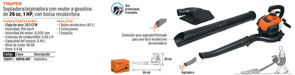 SOPLADORA Y ASPIRADORA GASOLINA MOTOR 26CC 1HP TRUPER
