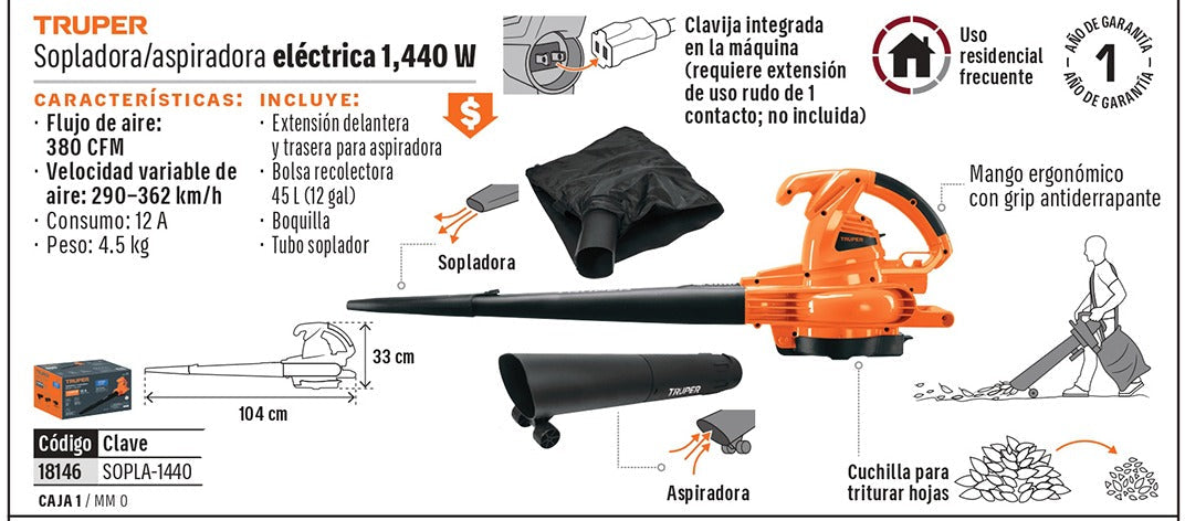 SOPLADORA Y ASPIRADORA ELECTRICA 1440W TRUPER
