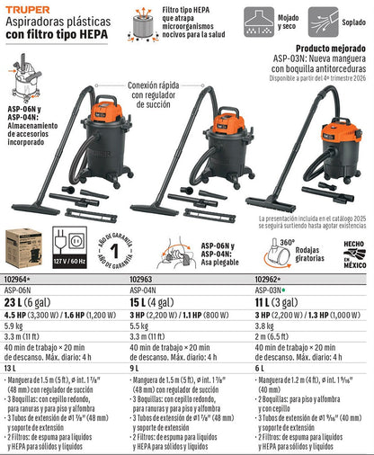 ASPIRADORA TRUPER 6-GLN 4.5HP FILTRO HEPA ASP-06N