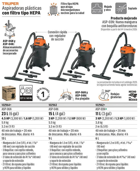 ASPIRADORA TRUPER 4-GLN 3HP FILTRO HEPA ASP-04N