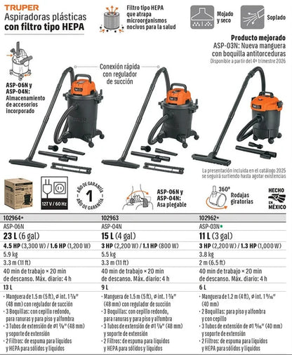 ASPIRADORA TRUPER 4-GLN 3HP FILTRO HEPA ASP-04N