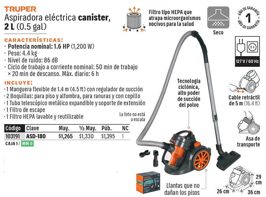 ASPIRADORA CANISTER TRUPER 0.4-GLN 1.6HP ASD-150