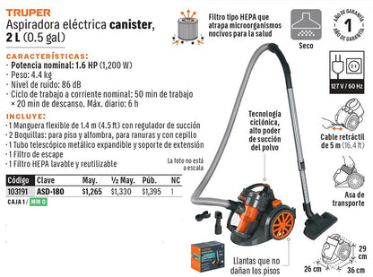 ASPIRADORA CANISTER TRUPER 0.4-GLN 1.6HP ASD-150