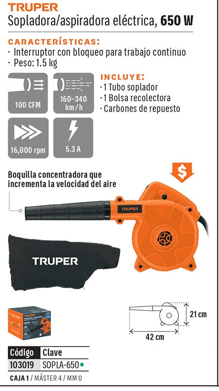 SOPLADORA Y ASPIRADORA ELECTRICA 650W TRUPER