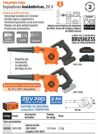 SOPLADORA INALAMBRICA 20V CON 1 BATERIA TRUPER PRO
