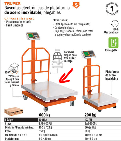 BALANZA PLEGABLE DE PLATAFORMA 600KG ACERO INOXIDABLE BAS-600PLI TRUPER