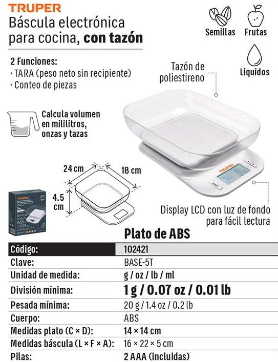 BALANZA DIGITAL PARA COCINA CON TAZON 5KG TRUPER