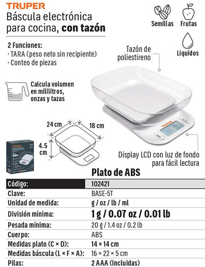 BALANZA DIGITAL PARA COCINA CON TAZON 5KG TRUPER