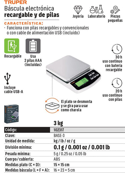 BALANZA DIGITAL DE PRECISION 3KG TRUPER