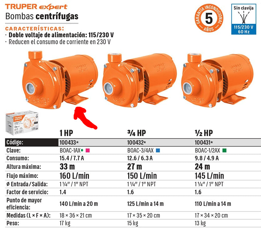 BOMBA PARA AGUA 1-HP 115V/230V TRUPER EXPERT CENTRIFUGA TIPO AMERICANO BOAC-1AX
