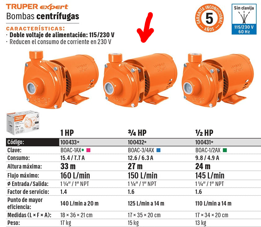BOMBA PARA AGUA 3/4-HP 115V/230V TRUPER EXPERT CENTRIFUGA TIPO AMERICANO BOAC-3/4AX