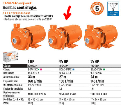 BOMBA PARA AGUA 3/4-HP 115V/230V TRUPER EXPERT CENTRIFUGA TIPO AMERICANO BOAC-3/4AX