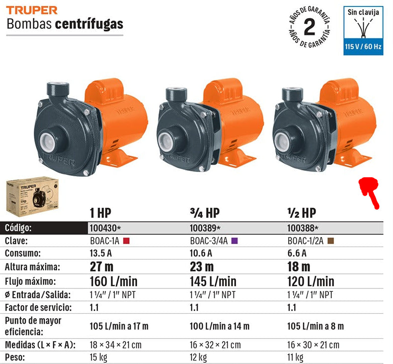 BOMBA PARA AGUA 1/2-HP TRUPER CENTRIFUGA BOAC-1/2A