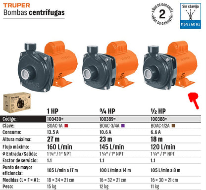 BOMBA PARA AGUA 1/2-HP TRUPER CENTRIFUGA BOAC-1/2A